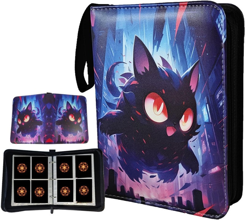 NUOSWEK Trading Card Binder 4 Pocket, 3-Ring Zipper 400 Pockets Binder with 50 Removable Sleeves，Card Holder Album for Trading Cards,MTG, TCG, Yugioh Cards (Cat Monster) - Image 1